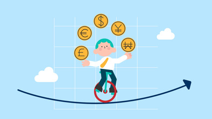 Forex, foreign exchange trading, invest in currency price or country economic speculation concept, businessman expert juggling money currency coins, dollar, euro, pound, japan yen and Korean won.