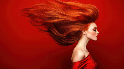 Fototapeta premium A striking image of a model with vibrant red hair flowing against a bold red backdrop, showcasing beauty and dynamic movement.
