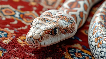 Obraz premium Close-up of a Colorful Snake on a Patterned Rug Showcasing Intricate Scales and Vibrant Colors