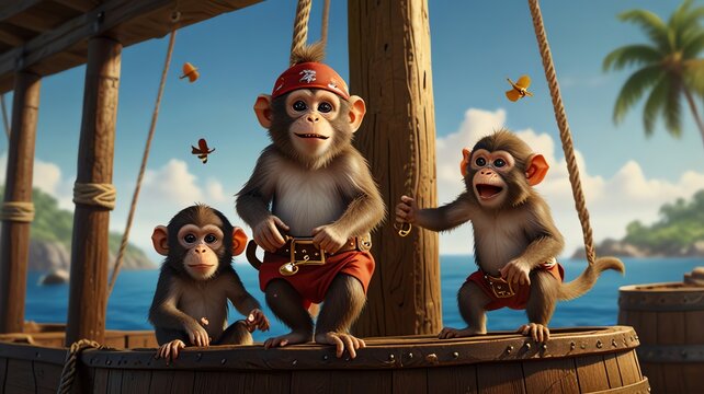 three monkeys on a boat with a pirate hat and the word monkey on the side.