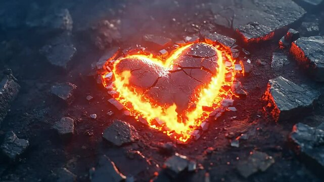 Cinematic shot of a glowing, broken heart in the middle, surrounded by dark, cracked pieces. 3D rendering illustration, top view, burn love.