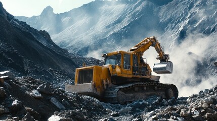Excavator Working in a Mountainous Quarry