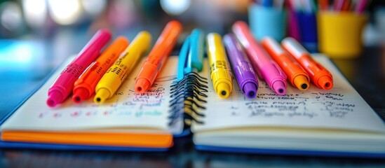 Obraz premium Colorful markers on an open notebook with spiral binding.