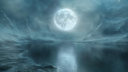 A serene moonlit night over a tranquil lake surrounded by misty mountains in a remote wilderness