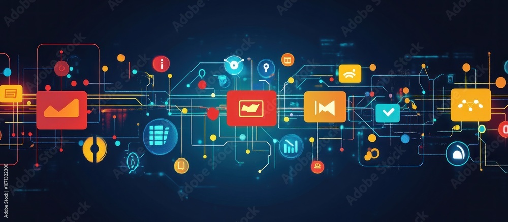 Canvas Prints abstract digital network with various icons interconnected by lines on a blue background.