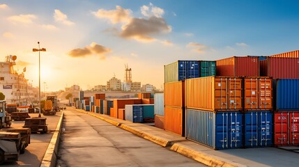 Port with Shipping Containers Stacked at Sunset