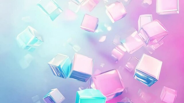 Abstract background with isometric glass squares and holographic shapes in pastel blue, purple, and pink colors. Minimalistic 3D rendering of an abstract, futuristic tech concept in the style of Minim