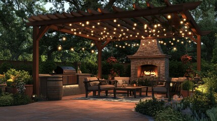 Obraz premium Cozy Outdoor Patio with String Lights and Fireplace