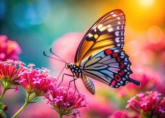 Fototapeta premium Stunning Silhouette of a Colorful Butterfly on Vibrant Pink Flowers, Nature's Beauty Captured in Close-up Photography, Ideal for Nature Lovers, Eco-Friendly Themes, and Wildlife Enthusiasts