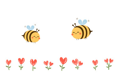 Obraz premium Set of heart shape flower with green leaves and bee cartoons icon signs isolated on white background vector.