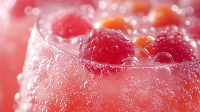 Closeup of a pink sparkling drink with raspberries and bubbles.