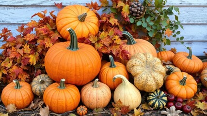 A collection of vibrant pumpkins surrounded by colorful fall leaves, nature, October, farm