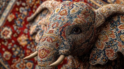 Obraz premium Intricate Elephant Sculpture with Detailed Embroidery on Vibrant Tapestry Background Showcasing Artistic Craftsmanship