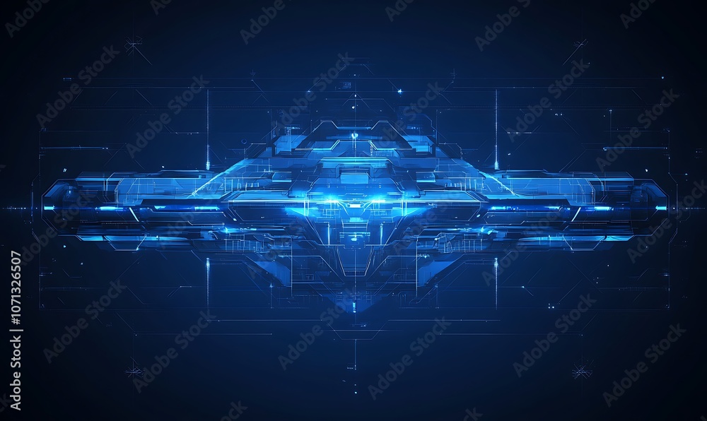 Poster A futuristic digital design featuring vibrant blue hues and dynamic geometric patterns, conveying a sense of technology and innovation.