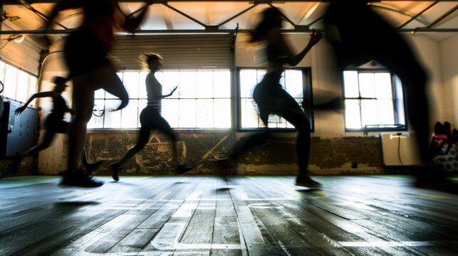 Blurry outlines of participants engage in an indoor bootcamp challenge.