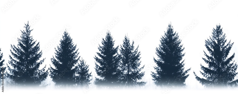 Poster row of pine tree silhouettes against misty winter backdrop : generative ai