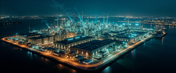 Illuminated Modern Industrial Cityscape from Above with Glowing Streets and Buildings at Night