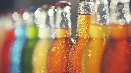 A lineup of different glass bottles filled with sparkling colorful sodas.