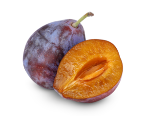 whole and half of ripe prune or plum isolated, png