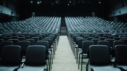 Empty auditorium with rows of chairs ready for event