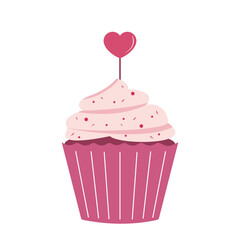 pink cupcake with a heart-shaped topper and red sprinkles