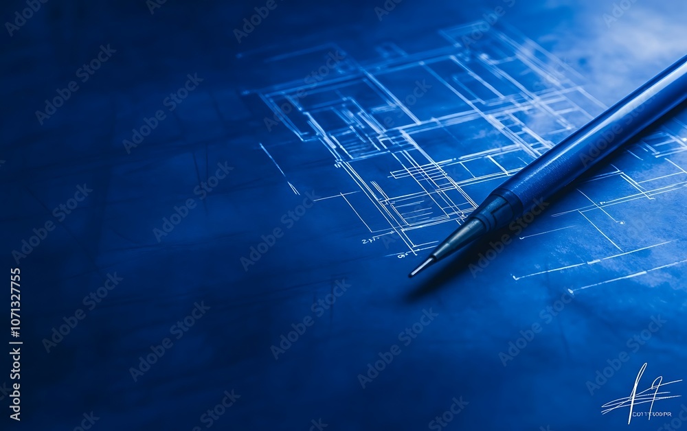 Aufkleber A close-up of a blue print with a pen resting on it, showcasing technical drawings and intricate designs.