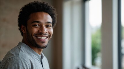 Smiling cheerful young adult african american ethnicity man in casual attire looking at camera standing at home office background. Happy confident black guy headshot face front close up portrait