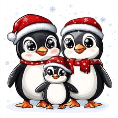 Fototapeta premium Festive Penguin Family Adorning Christmas Hats in Wintry Landscape : Generative AI