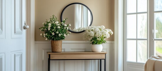 White flowers in pots on a console table with a round mirror in a light brown room.