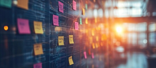 Colorful sticky notes with handwritten text on a wall with a blurred background of a bright office setting.