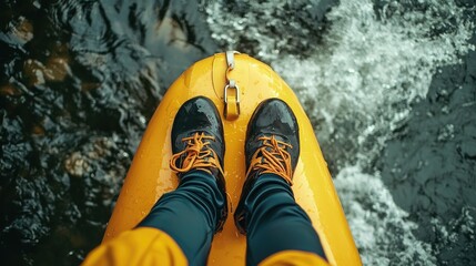 Feet standing on yellow kayak in rushing water.