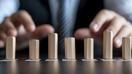 Business professionals analyze progress with wooden blocks