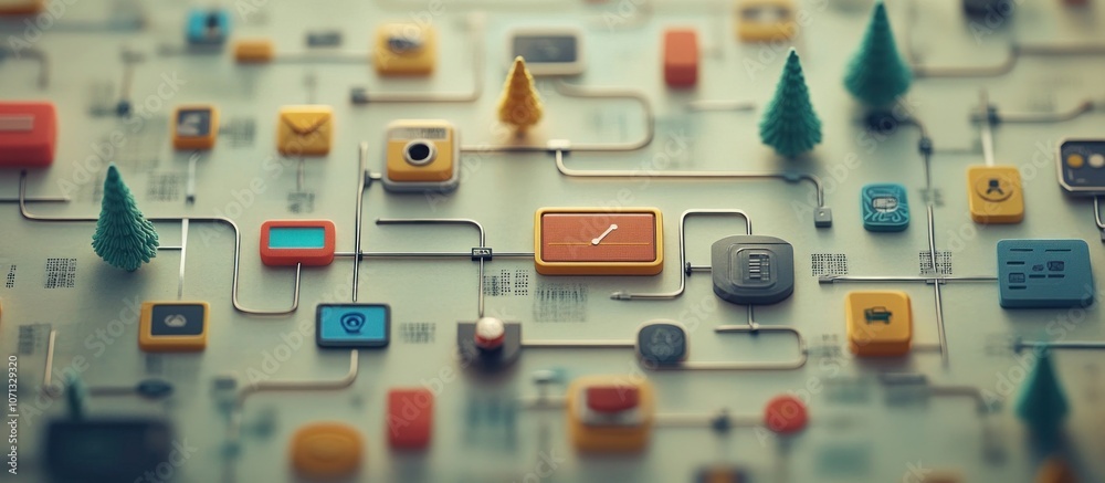 Wall mural abstract digital network with various colorful icons and trees.
