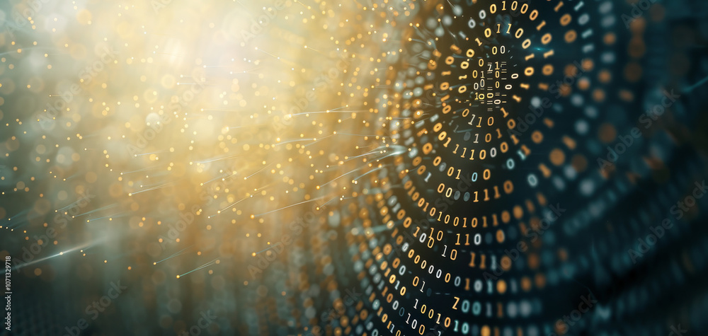 Poster Abstract representation of digital data in a futuristic environment, showcasing glowing binary code and light, ideal for illustrating concepts of tech, innovation, and data.