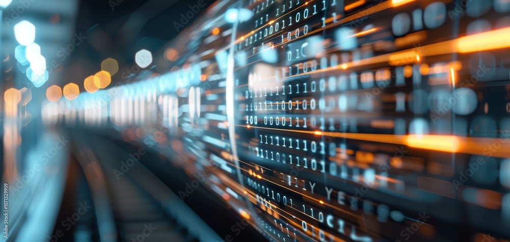 Poster Abstract representation of data flow with glowing binary code in a tunnel, showcasing digital transformation and modern technology concepts, ideal for tech-related projects.