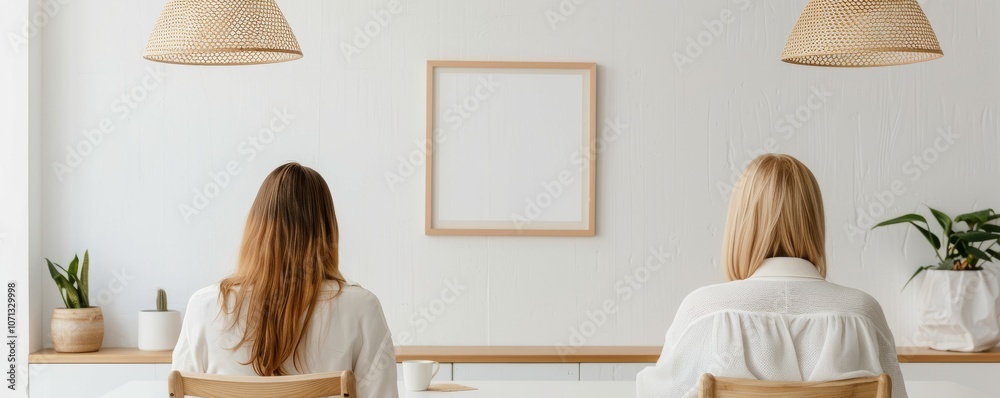 Poster two women sitting at a modern workspace, facing a blank frame on a minimalist wall, creating a seren