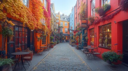 Fototapeta premium Colorful cobblestone street with shops and fall foliage.