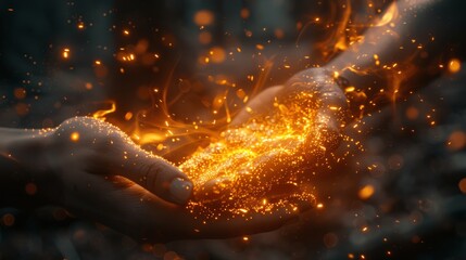 Woman's Hand with Glowing Fire in Dark Forest