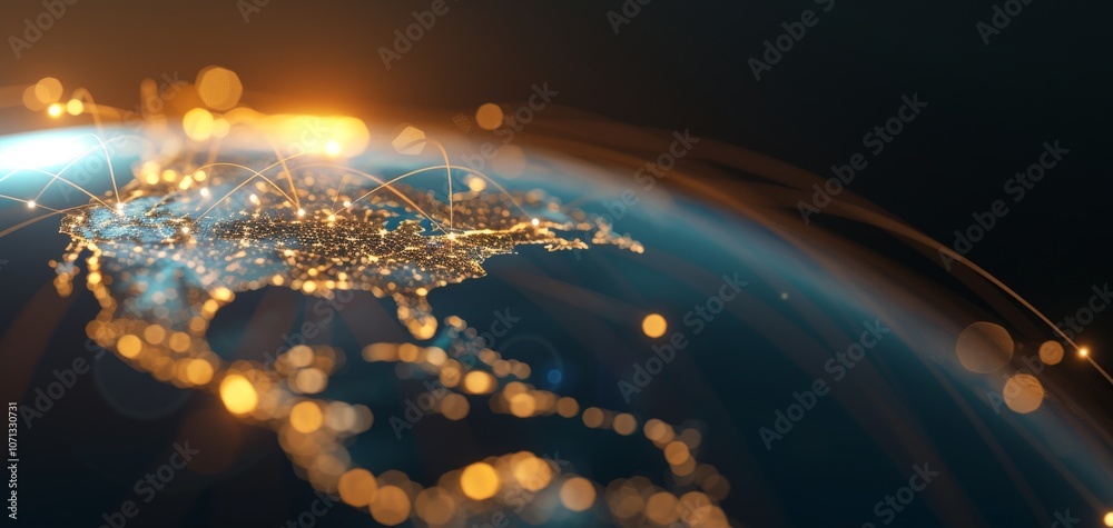 Poster A detailed close-up of a glowing globe, showcasing a network of lights representing human connections and technology's impact on the world.