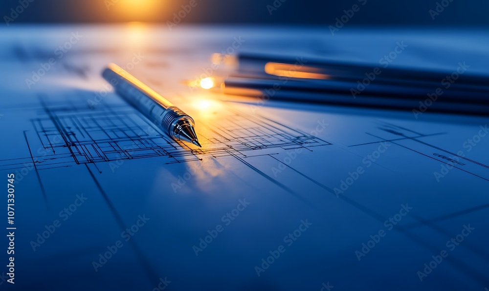 Poster a close-up view of a pen and architectural sketches, illuminated by soft light, highlighting the det