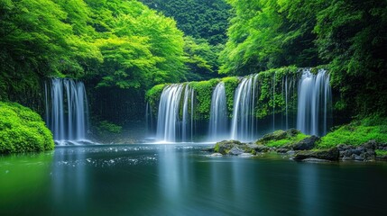 Fototapeta premium Serene Waterfall in Lush Green Forest Setting