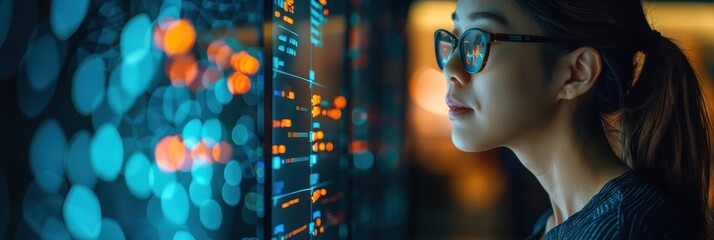 Young woman analyzing illuminated data on digital display in dark office environment