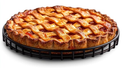 Delicious homemade apple pie with a lattice crust on a wire rack.