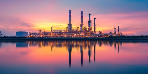 Obraz premium A vibrant sunset reflects on a serene body of water, highlighting an industrial skyline with towering structures.