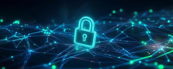 Floating lock icon over a network of interconnected data lines, blue and green neon colors, 3D illustration