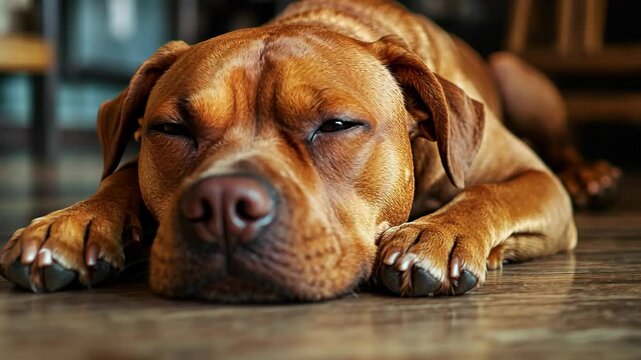 A brown dog is sleeping on a hardwood floor