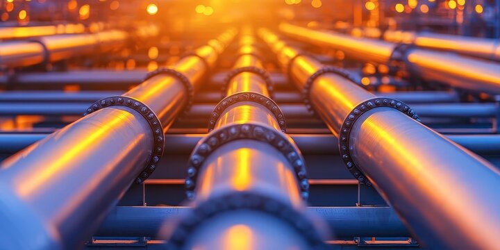 A mesmerizing view of parallel industrial pipes gleaming in warm sunset light, emphasizing structure and engineering in an urban landscape.