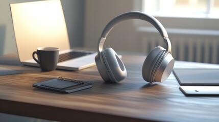 A desk with a laptop, a coffee mug, a notebook, a tablet, and headphones.