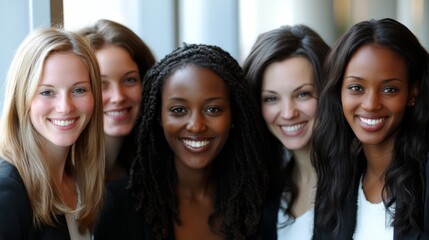 Fototapeta premium Confident and Empowered: A group of diverse women, united by their smiles and shared ambition, stand together in a testament to strength and collaboration. 