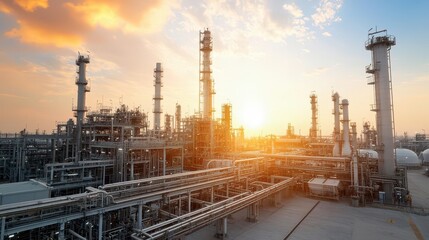 Fototapeta premium A sunset casts a warm glow over an industrial complex, featuring tall structures and pipelines, showcasing the blend of nature and technology.
